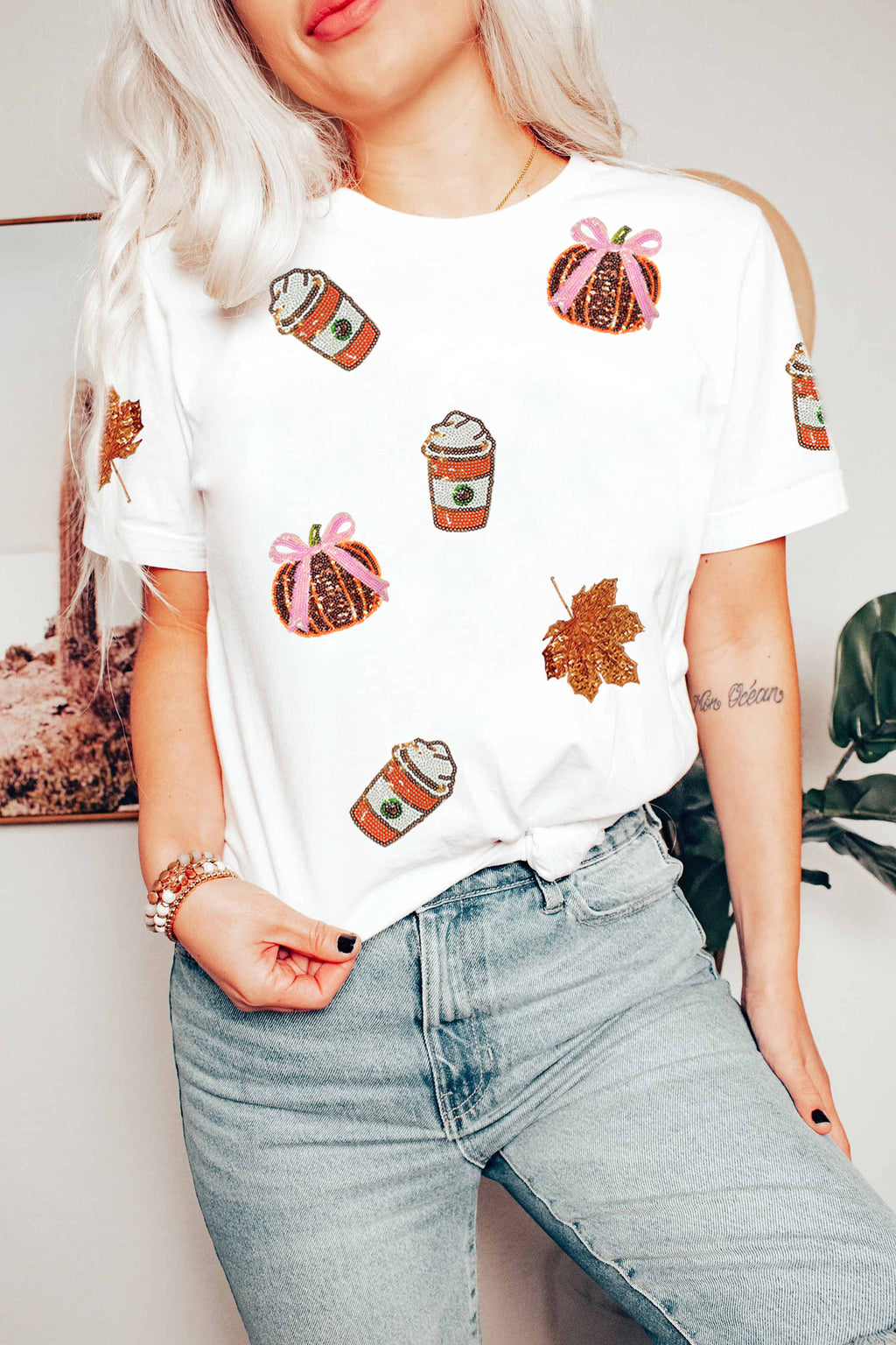 White Sequined Pumpkin Fall Graphic Casual Shift T Shirt