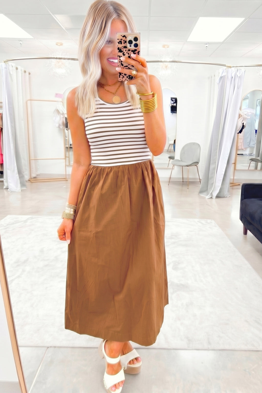 Chestnut Striped Colorblock Patchwork Sleeveless Casual Long Dress