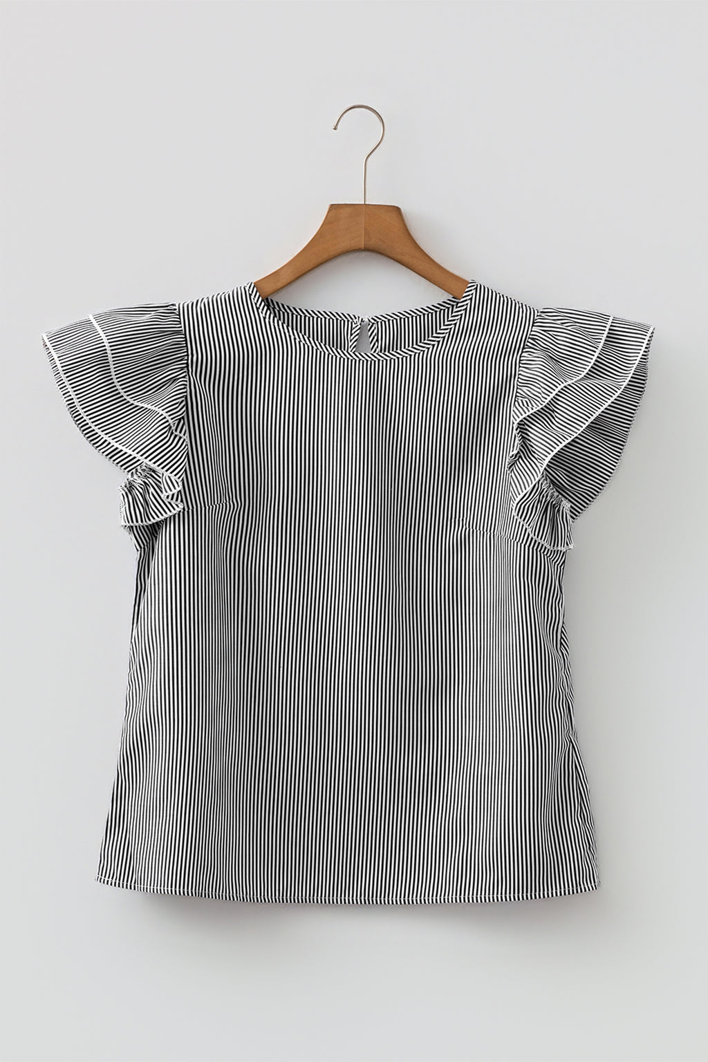 Black Stripe Striped Ruffle Sleeve Short Sleeve Round Neck Casual Shift Blouse