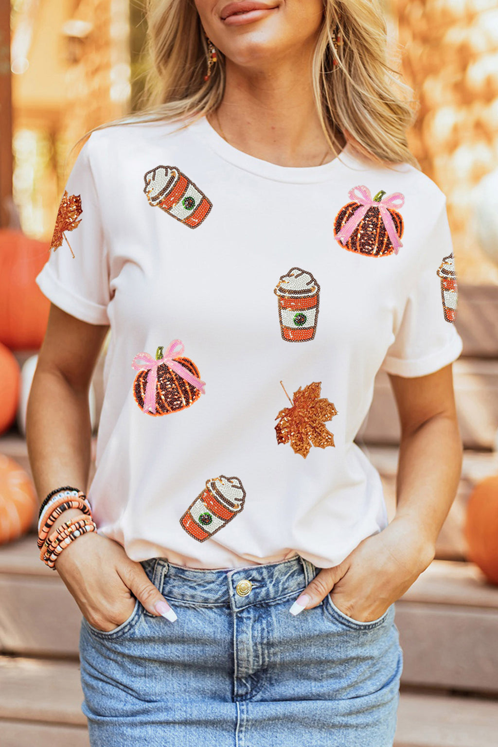 White Sequined Pumpkin Fall Graphic Casual Shift T Shirt