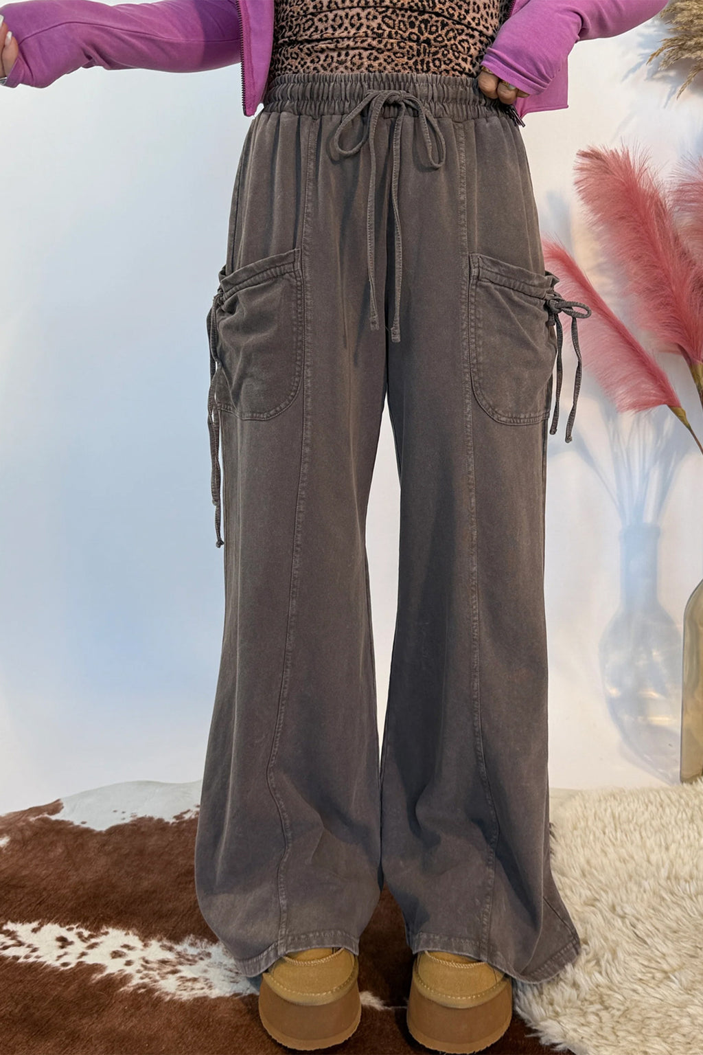 Dark Brown Cotton Mineral Wash Elastic Waist Drawstring Tie Detail Cargo Pants