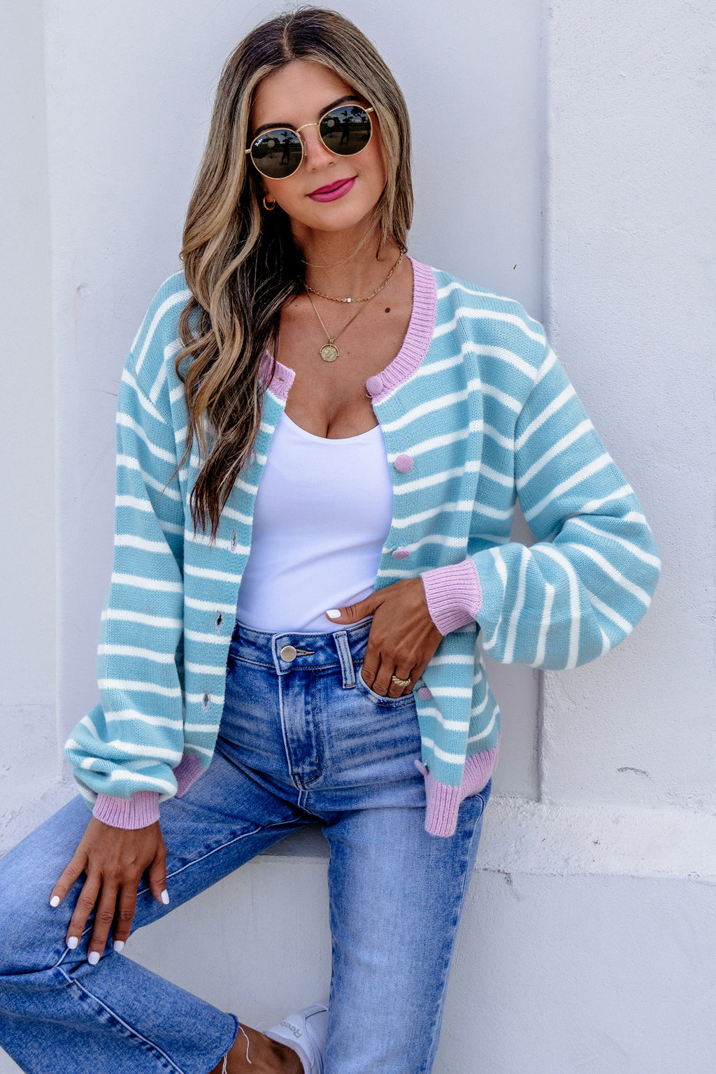 Sky Blue Stripe Striped Long Sleeve Round Neck Open Front Cardigan
