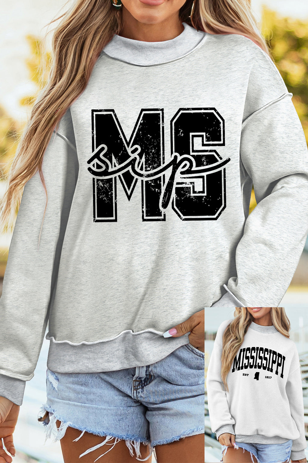 Light Grey MS MISSISSIPPI Double Side Printed Mock Neck Reversible Sweatshirt