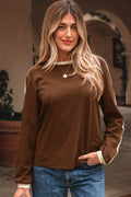 Dark Brown Varsity Striped Accent Contrast Crew Neck Long Sleeve T Shirt