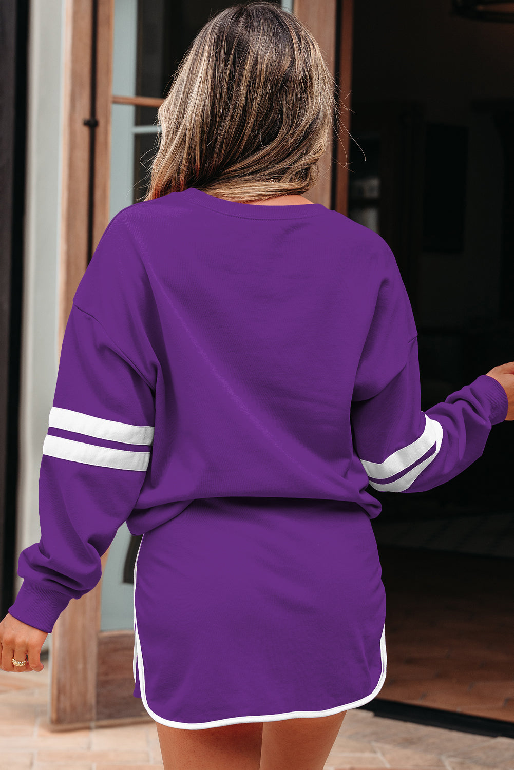 Fiery Red Varsity Stripe Detail Drop Shoulder Pullover Mini Skort Set