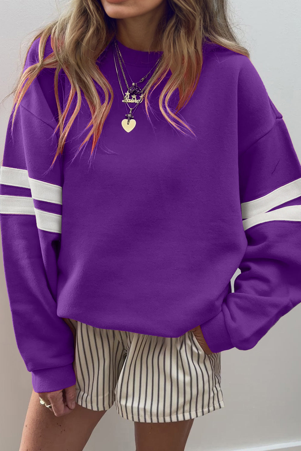 Sky Blue Varsity Striped Detail Drop Shoulder Oversized Sweatshirt