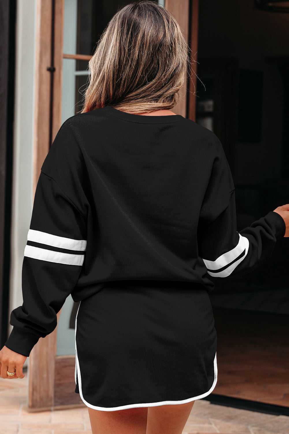 Fiery Red Varsity Stripe Detail Drop Shoulder Pullover Mini Skort Set
