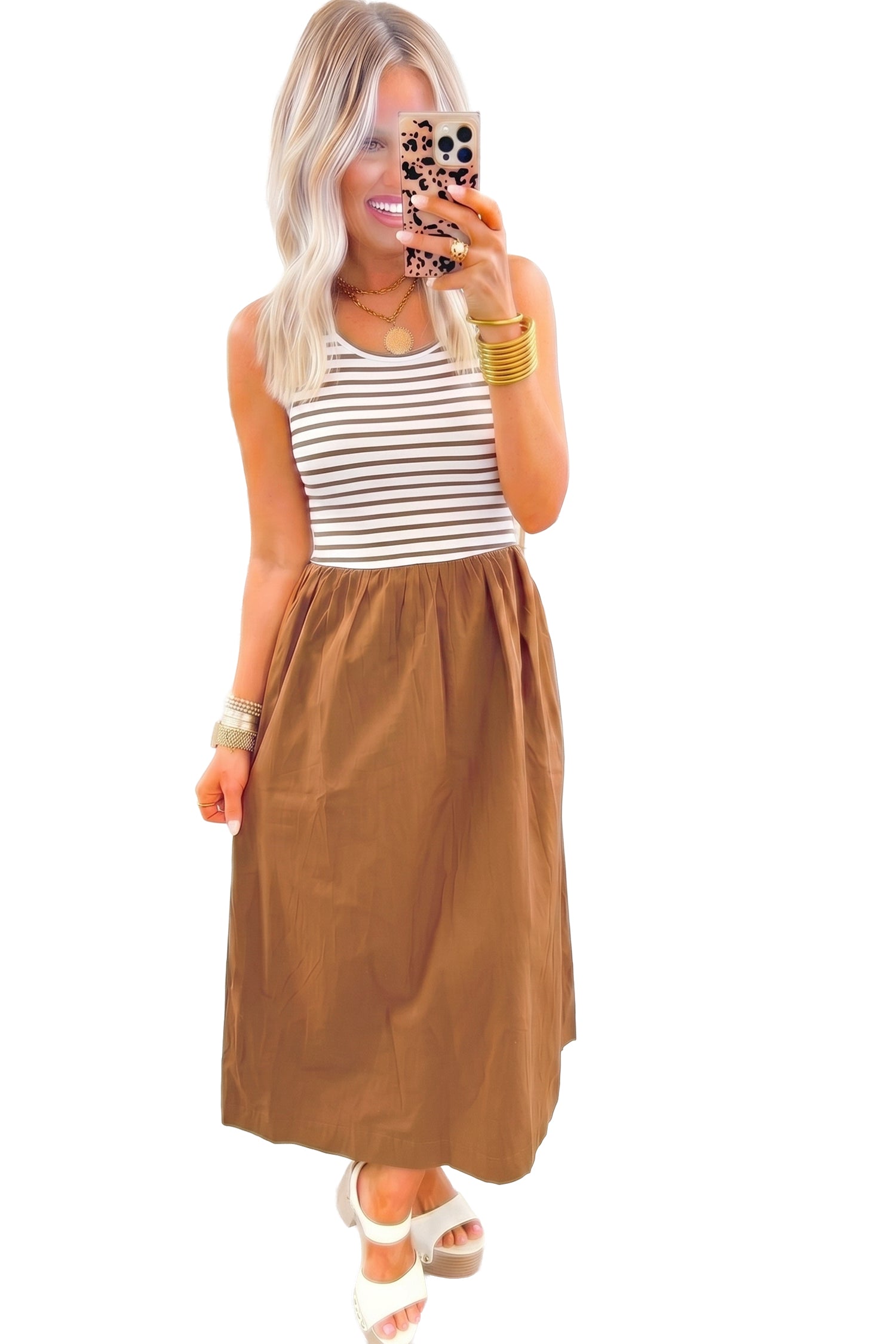 Chestnut Striped Colorblock Patchwork Sleeveless Casual Long Dress