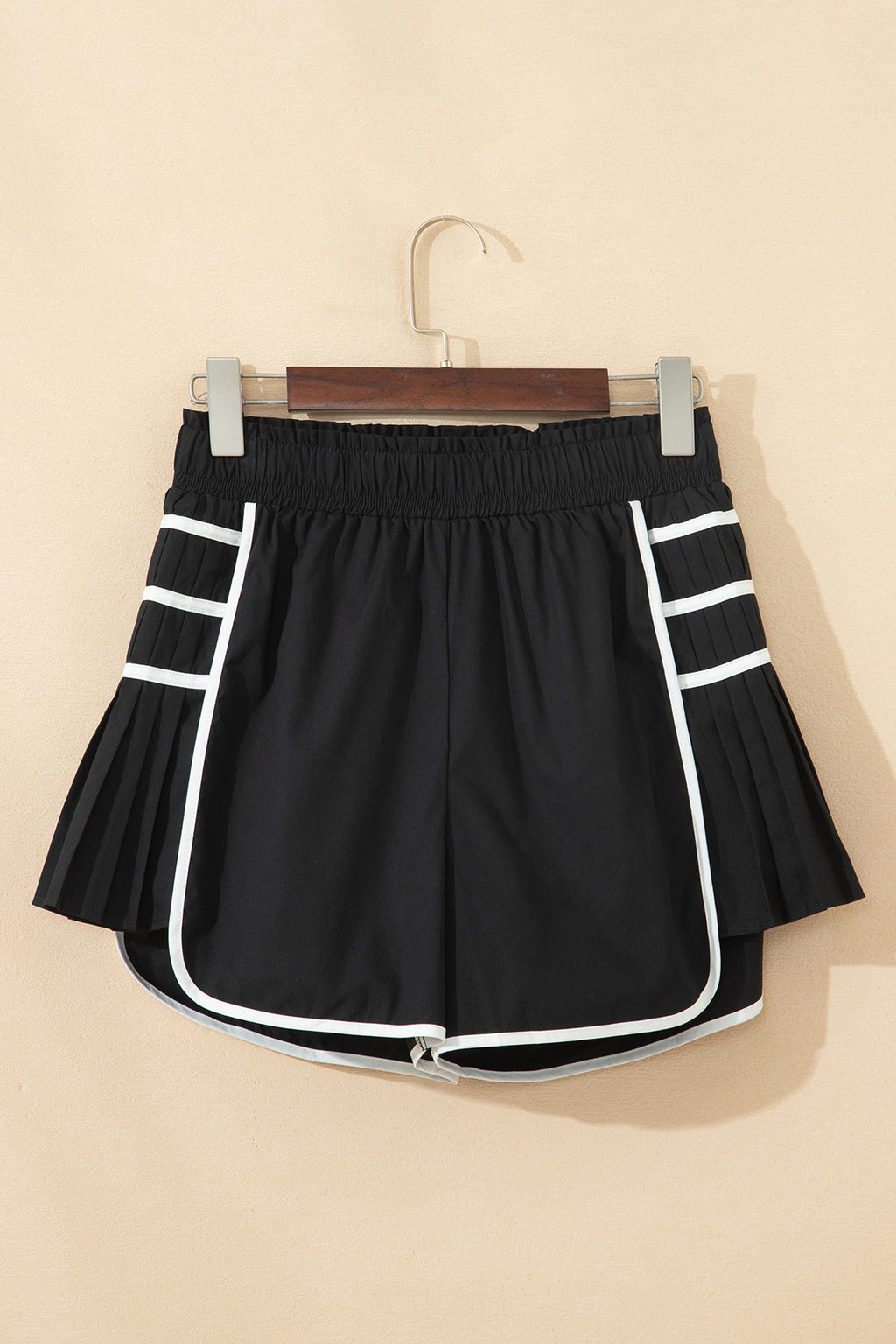 Black Contrast Trim Pleated Casual Active Shorts