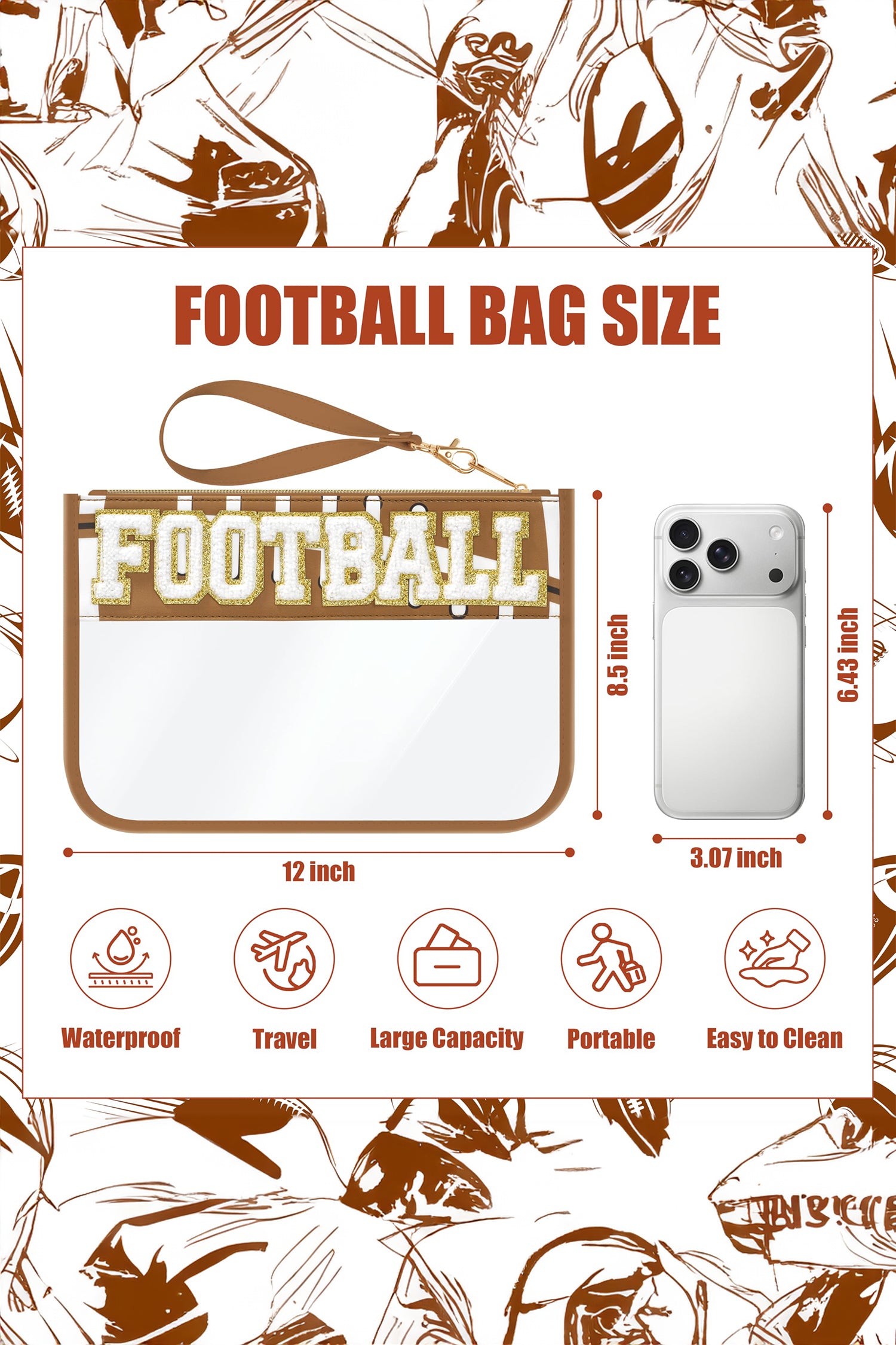 Brown BASEBALL Chenille Letter Patch Game Day Stadium Clear PVC Cosmetic Bag