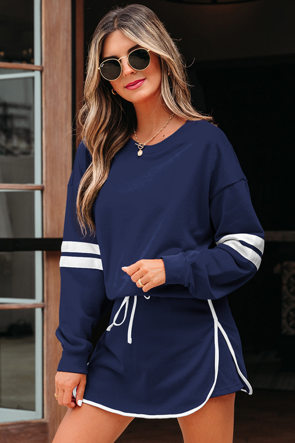 Fiery Red Varsity Stripe Detail Drop Shoulder Pullover Mini Skort Set