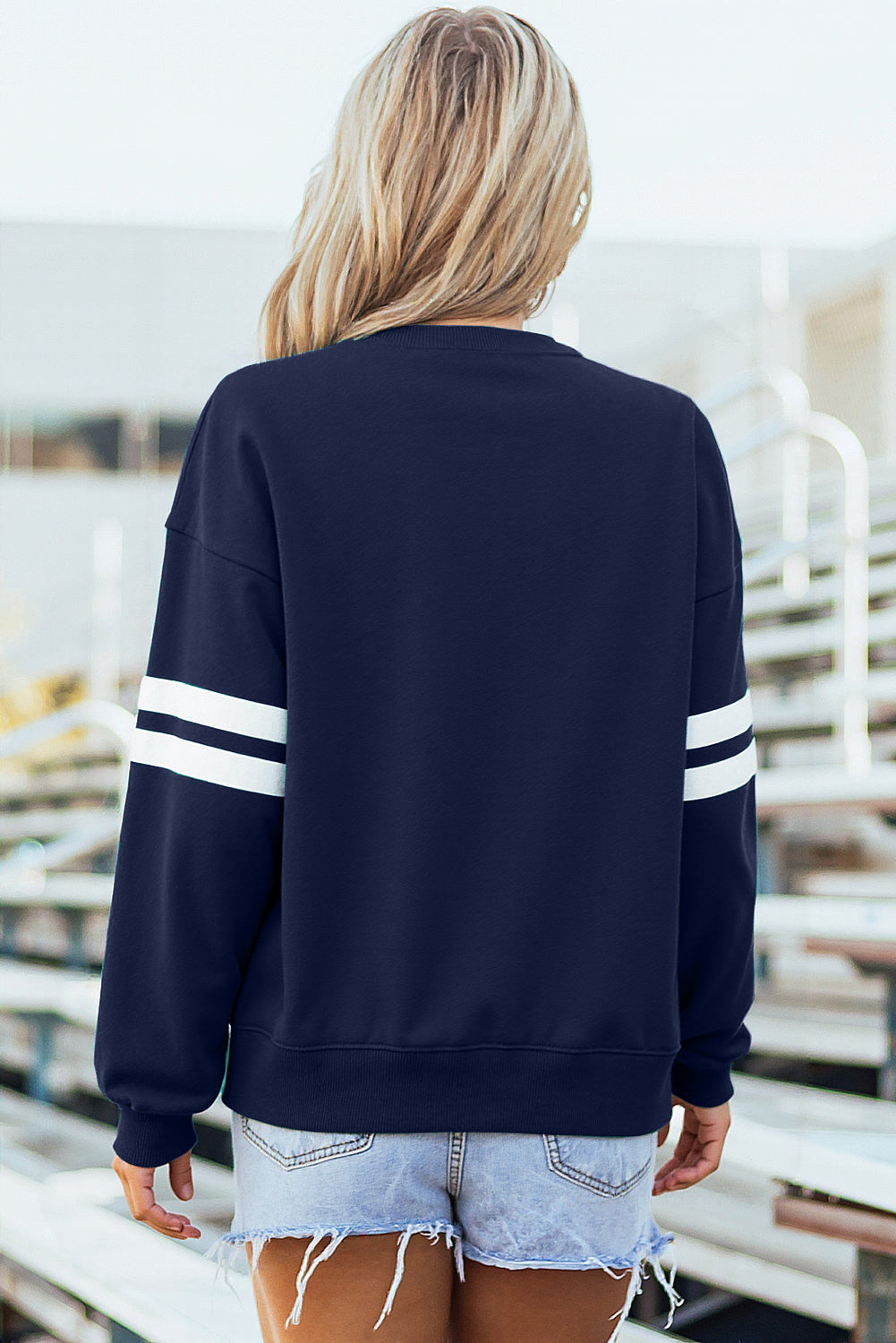 Sky Blue Varsity Striped Detail Drop Shoulder Oversized Sweatshirt