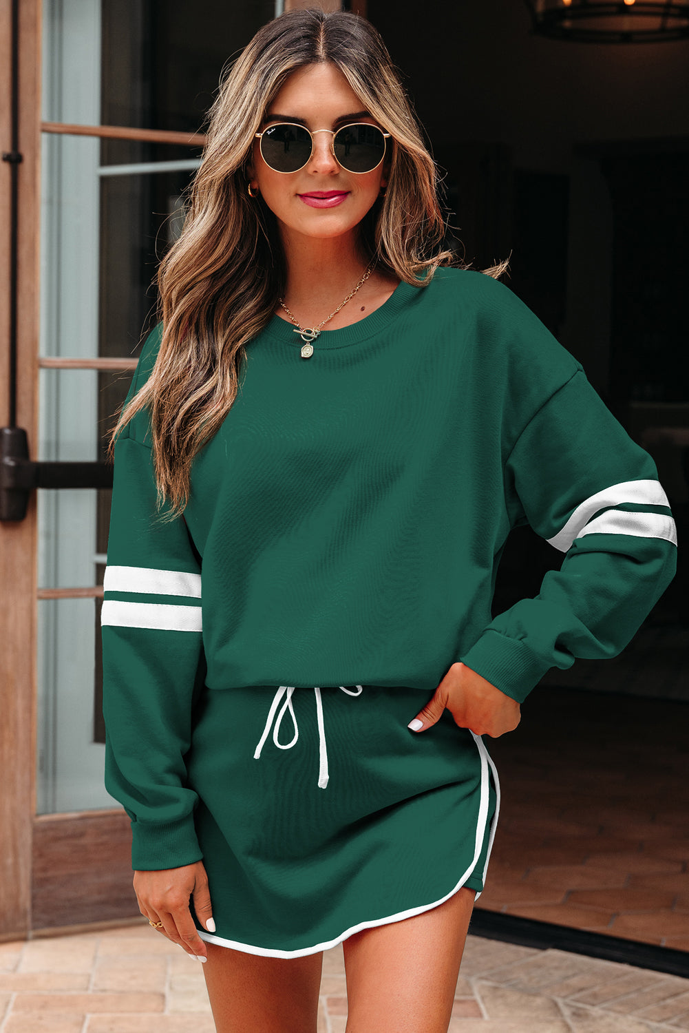Fiery Red Varsity Stripe Detail Drop Shoulder Pullover Mini Skort Set