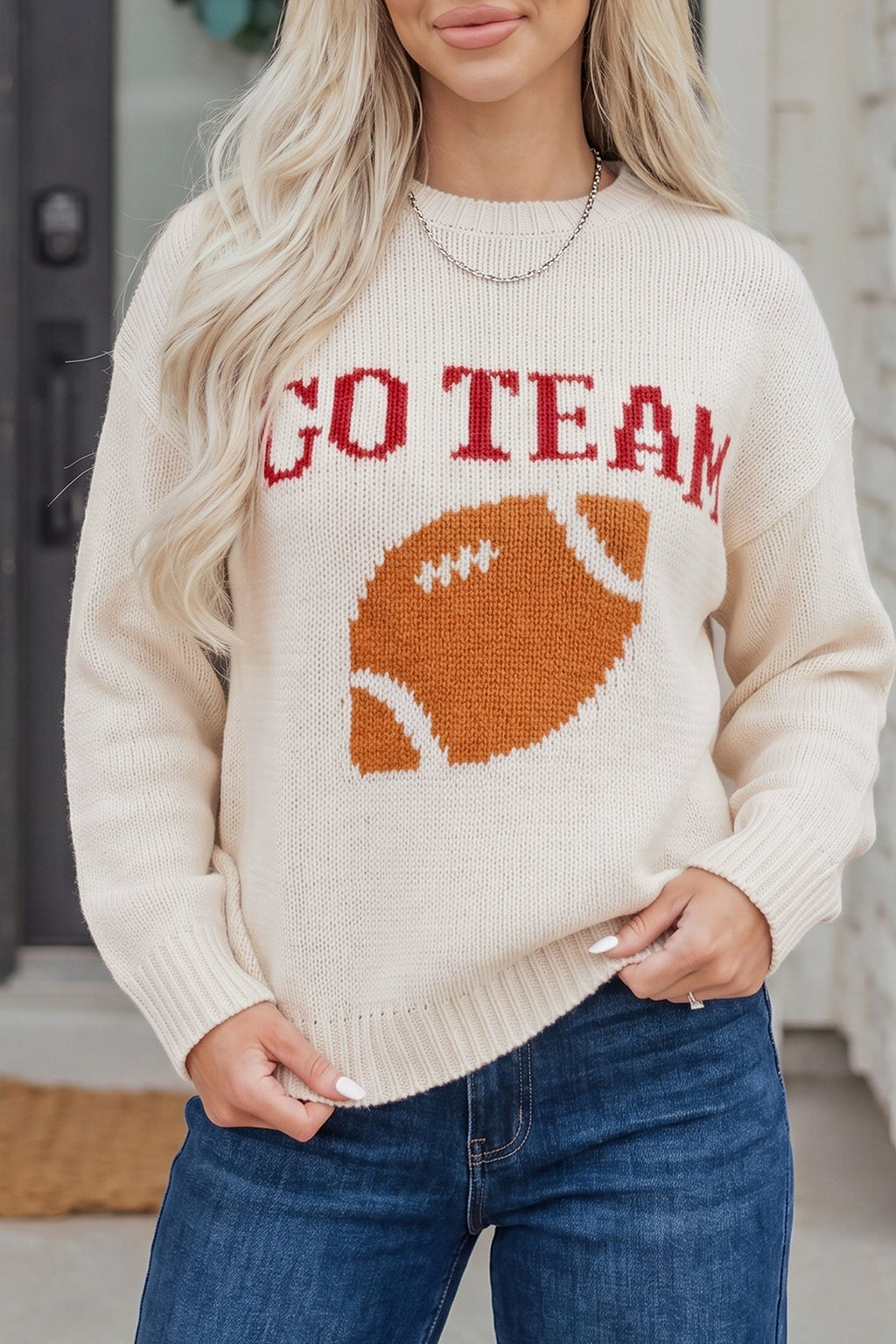 Beige Go Team Football Drop Shoulder Knit Top Sweater