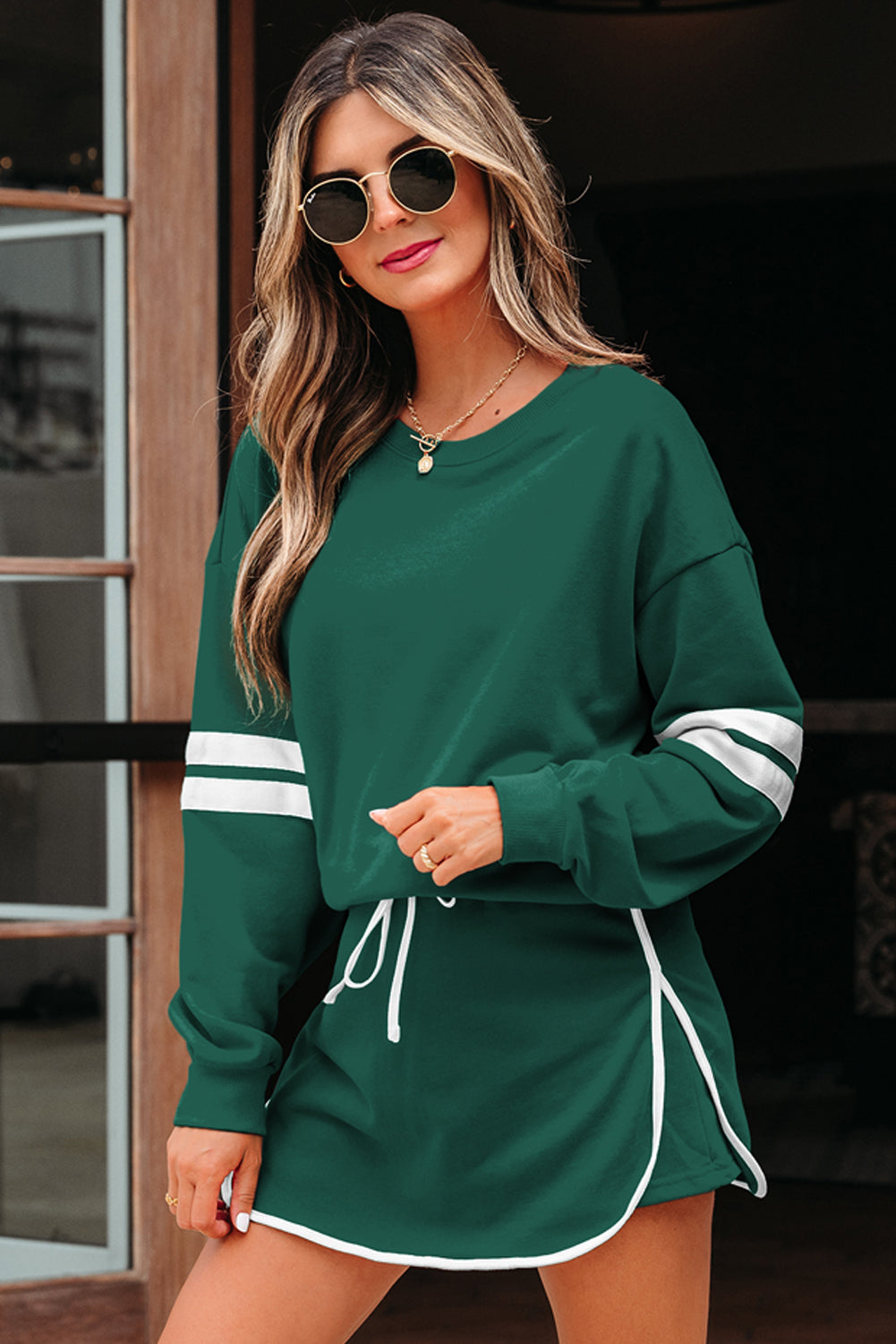 Fiery Red Varsity Stripe Detail Drop Shoulder Pullover Mini Skort Set