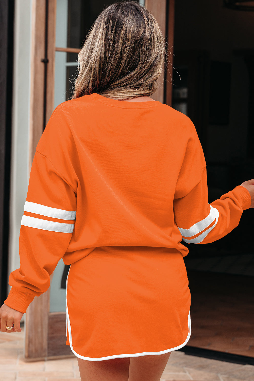 Fiery Red Varsity Stripe Detail Drop Shoulder Pullover Mini Skort Set