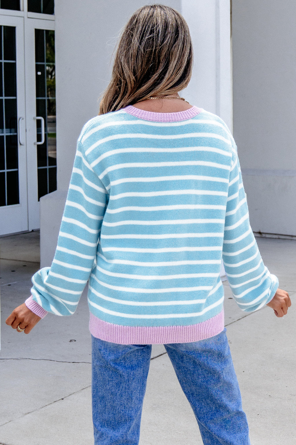 Sky Blue Stripe Striped Long Sleeve Round Neck Open Front Cardigan