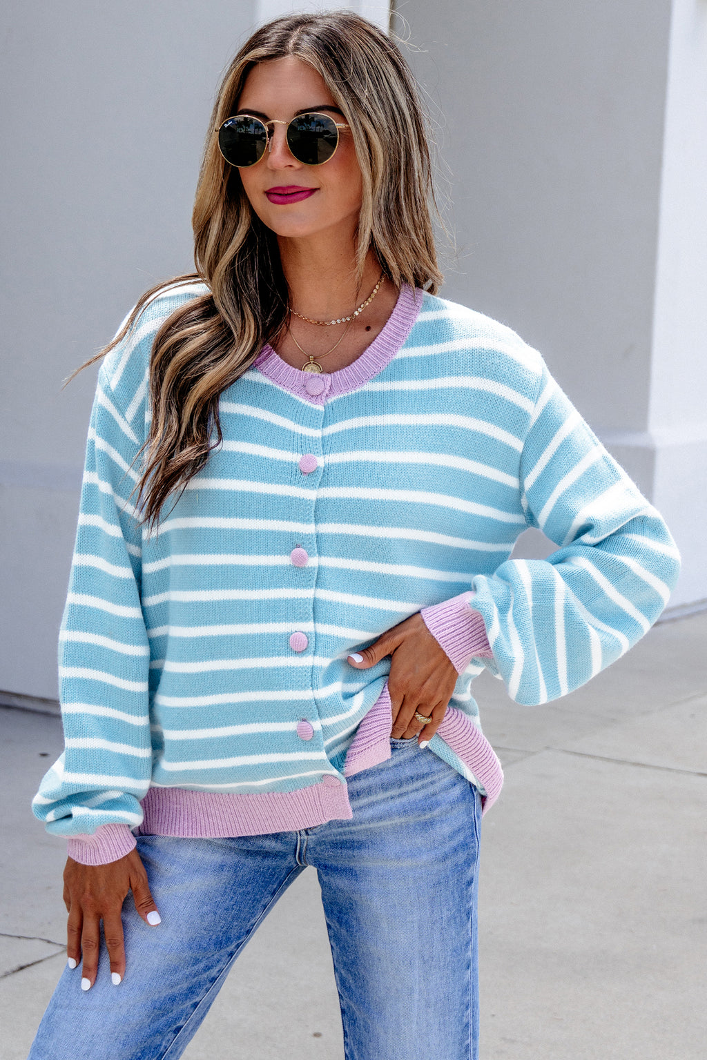 Sky Blue Stripe Striped Long Sleeve Round Neck Open Front Cardigan