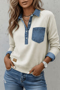 Gray Denim Collar Patchwork Long Sleeve Pullover Top