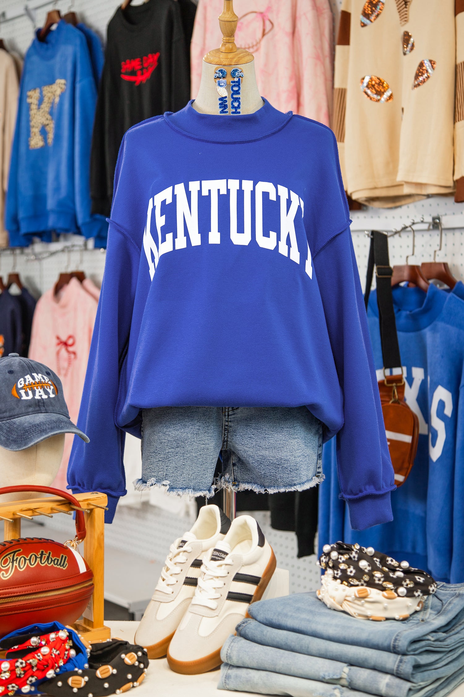 Dark Blue KENTUCKY Leopard KY Letter Print Reversible High Neck Sweatshirt