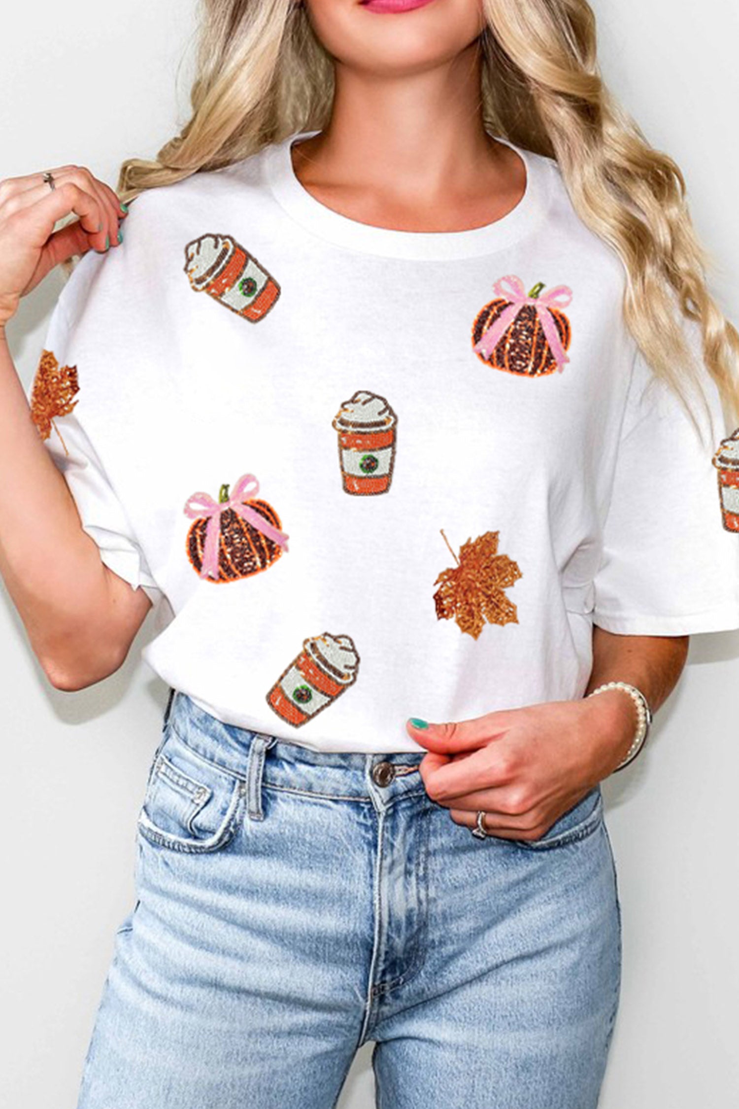 White Sequined Pumpkin Fall Graphic Casual Shift T Shirt