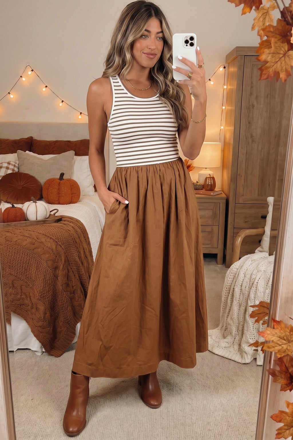 Chestnut Striped Colorblock Patchwork Sleeveless Casual Long Dress