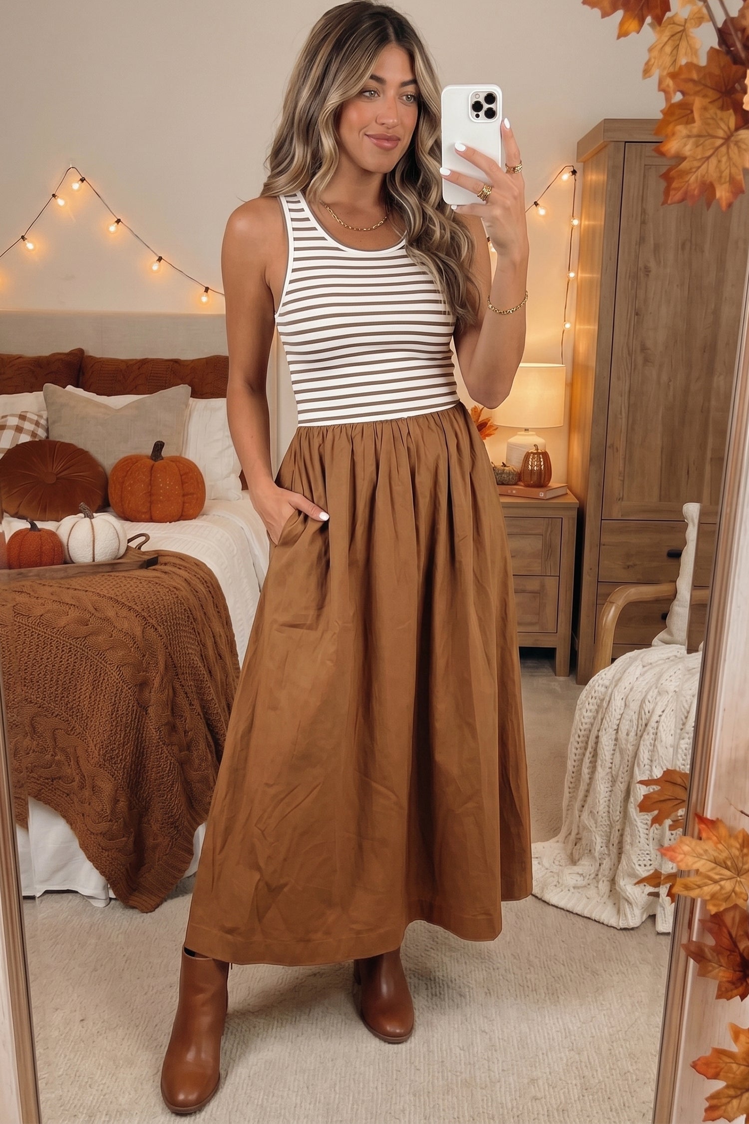 Chestnut Striped Colorblock Patchwork Sleeveless Casual Long Dress