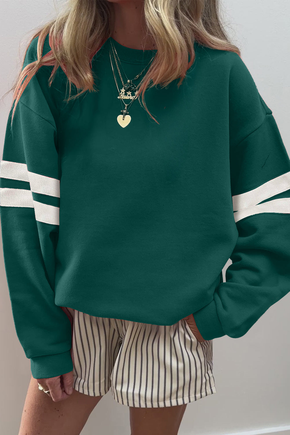 Sky Blue Varsity Striped Detail Drop Shoulder Oversized Sweatshirt