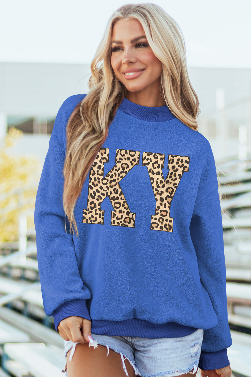 Dark Blue KENTUCKY Leopard KY Letter Print Reversible High Neck Sweatshirt