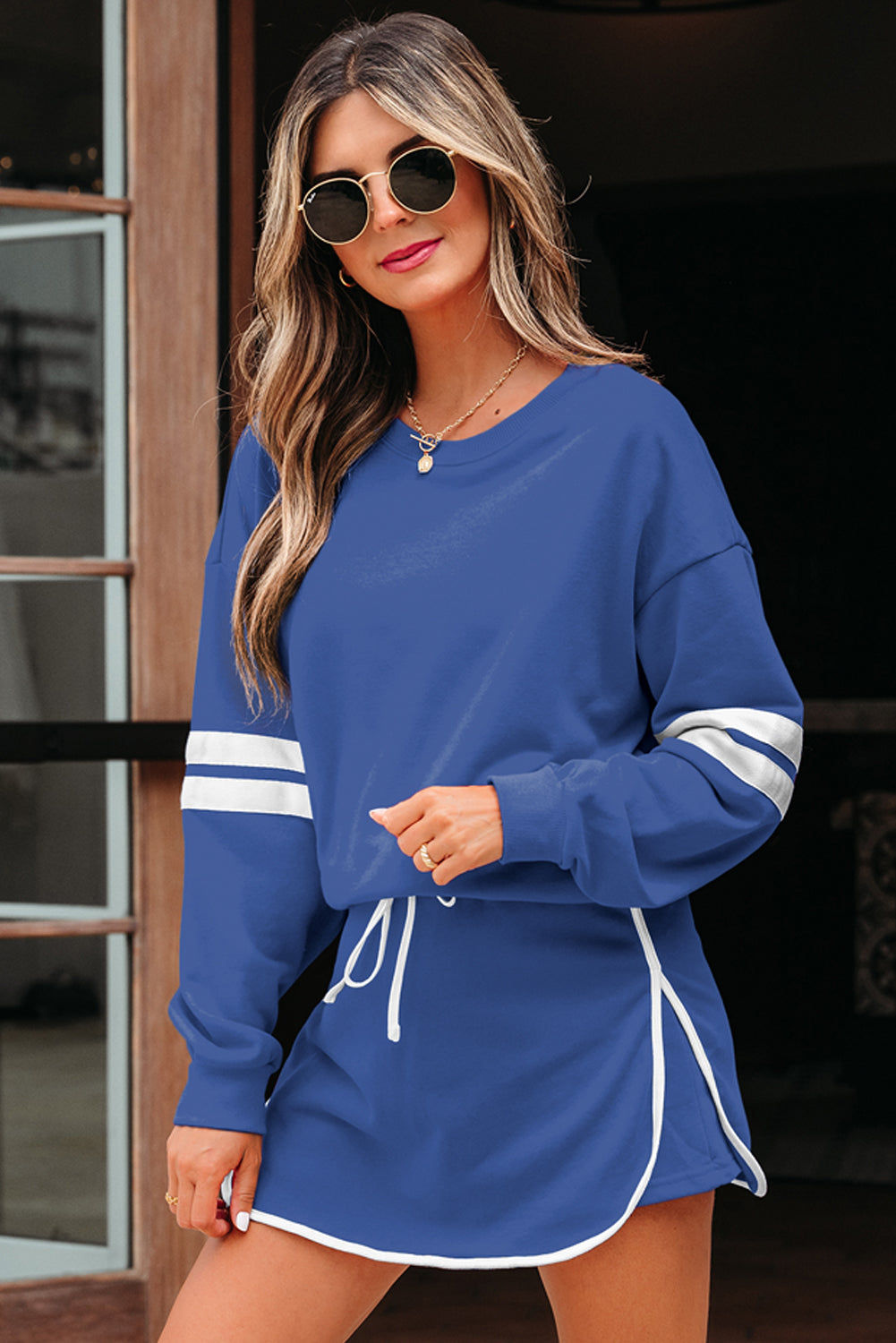 Fiery Red Varsity Stripe Detail Drop Shoulder Pullover Mini Skort Set