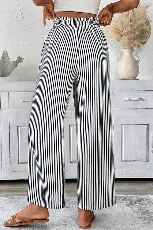 Black Stripe Tied High Waist Loose Straight Casual Pants
