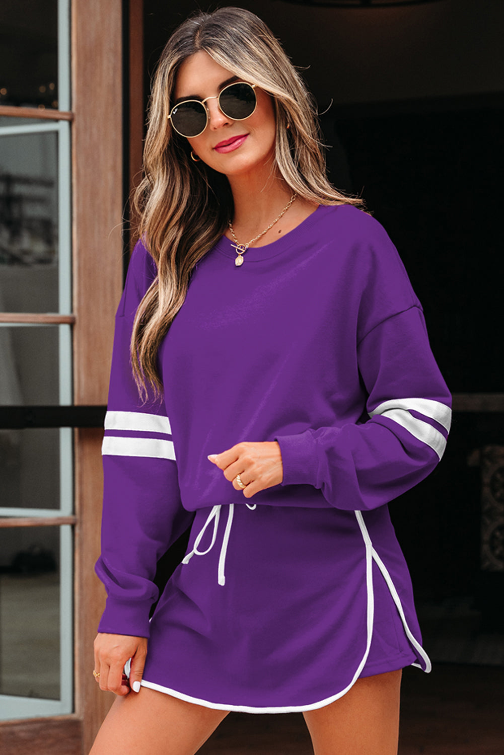 Fiery Red Varsity Stripe Detail Drop Shoulder Pullover Mini Skort Set