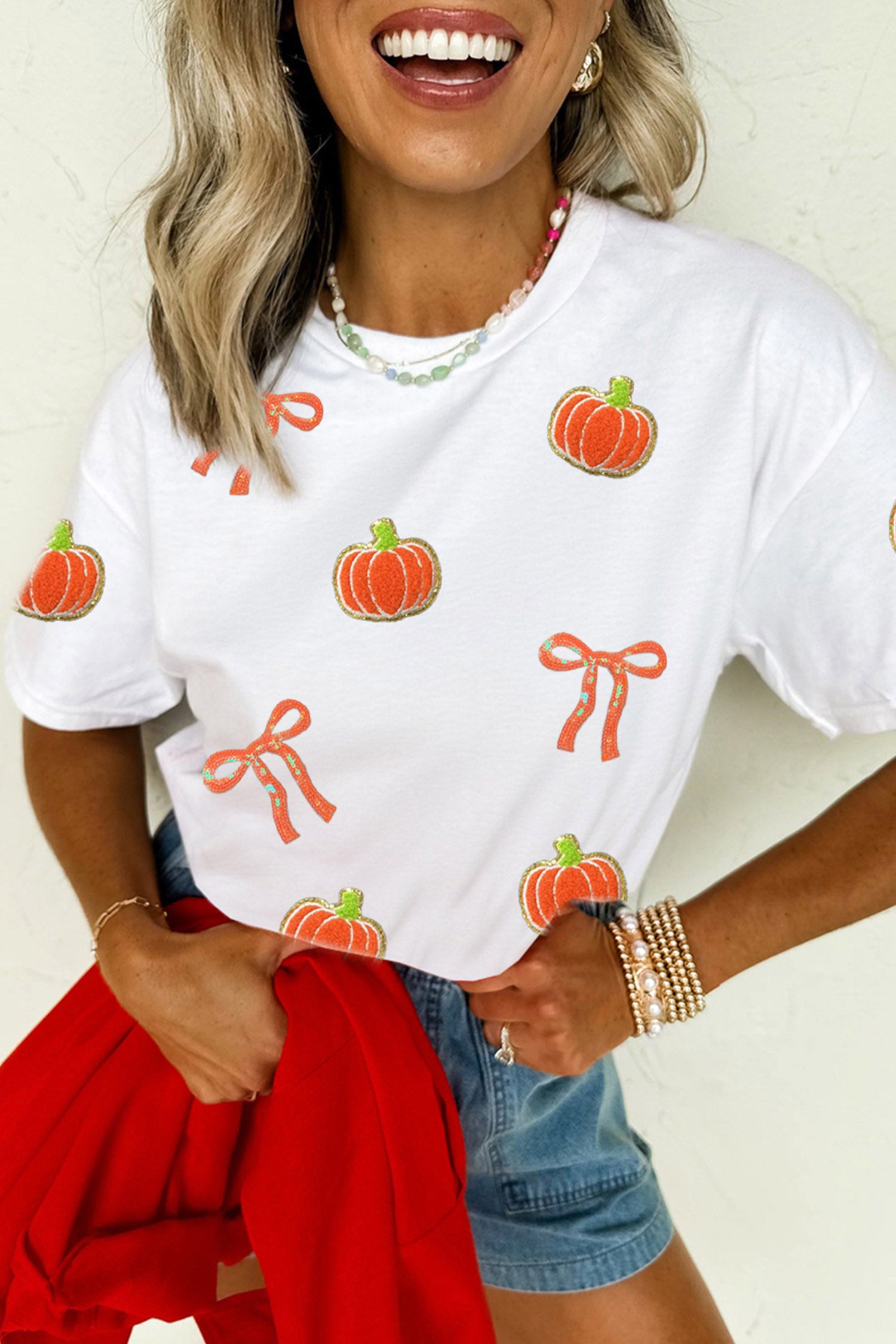 White Sequin Chenille Pumpkin Bow Pattern Casual Short T Shirt