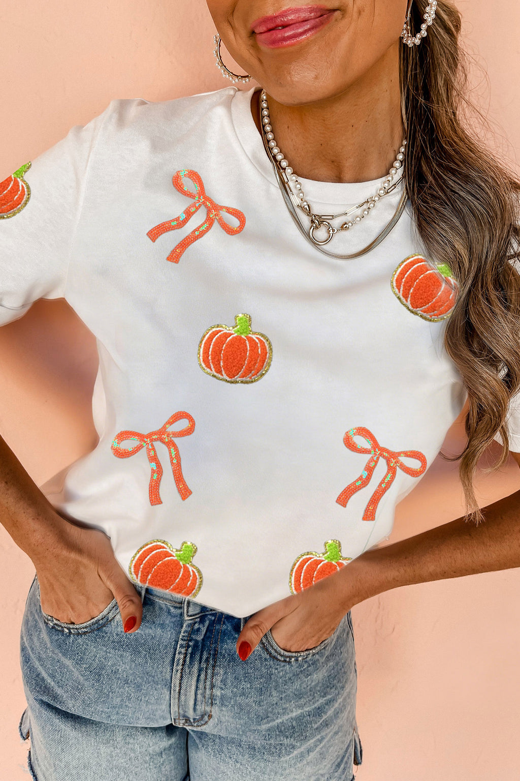 White Sequin Chenille Pumpkin Bow Pattern Casual Short T Shirt