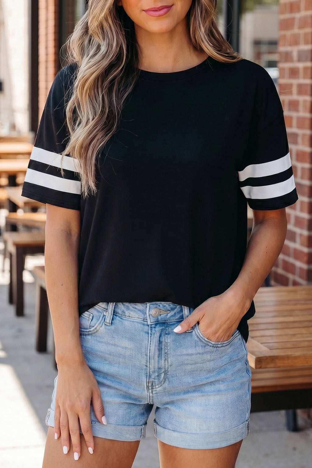 Black Varsity Striped Short Sleeve Crew Neck T Shirt
