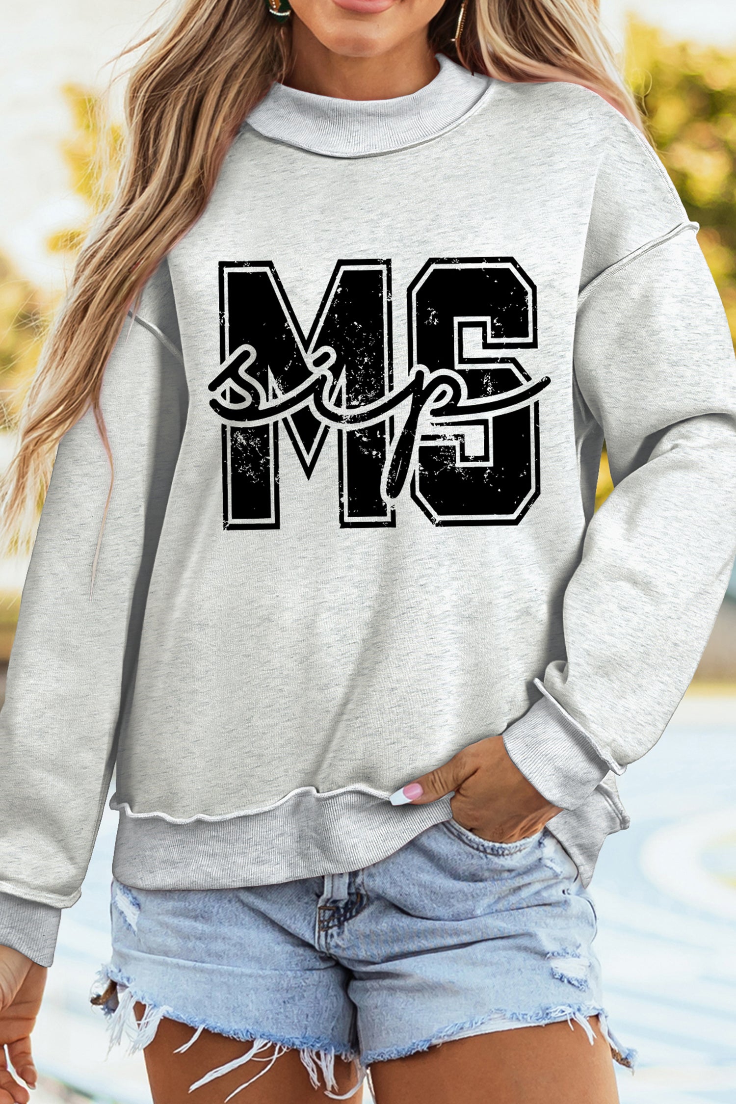 Light Grey MS MISSISSIPPI Double Side Printed Mock Neck Reversible Sweatshirt