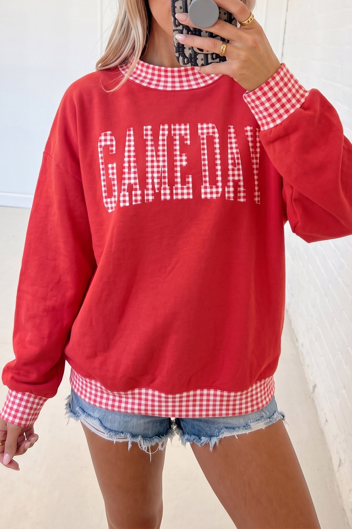 Fiery Red Gingham Plaid Letter Print Tunic Pullover Sweatshirt