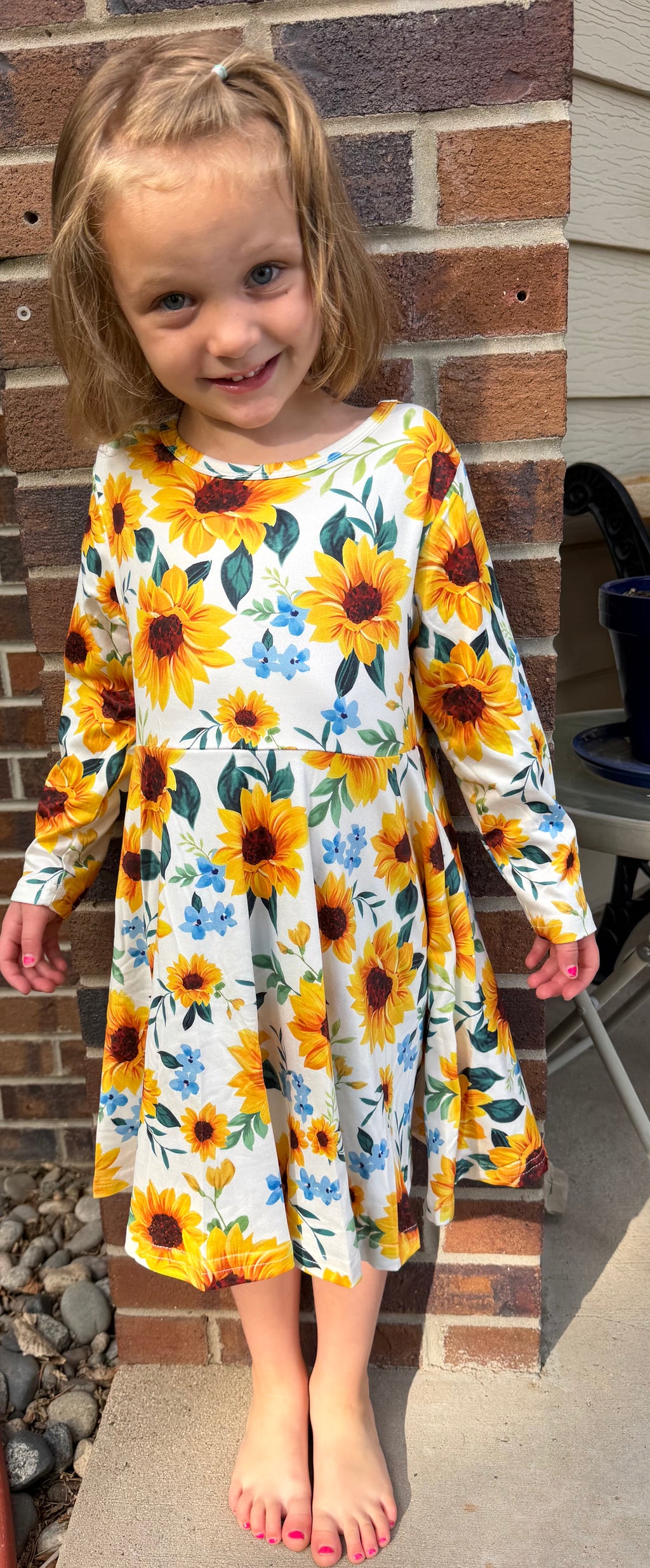 Kids Sunflower Print Round Neck Long Sleeve Dress
