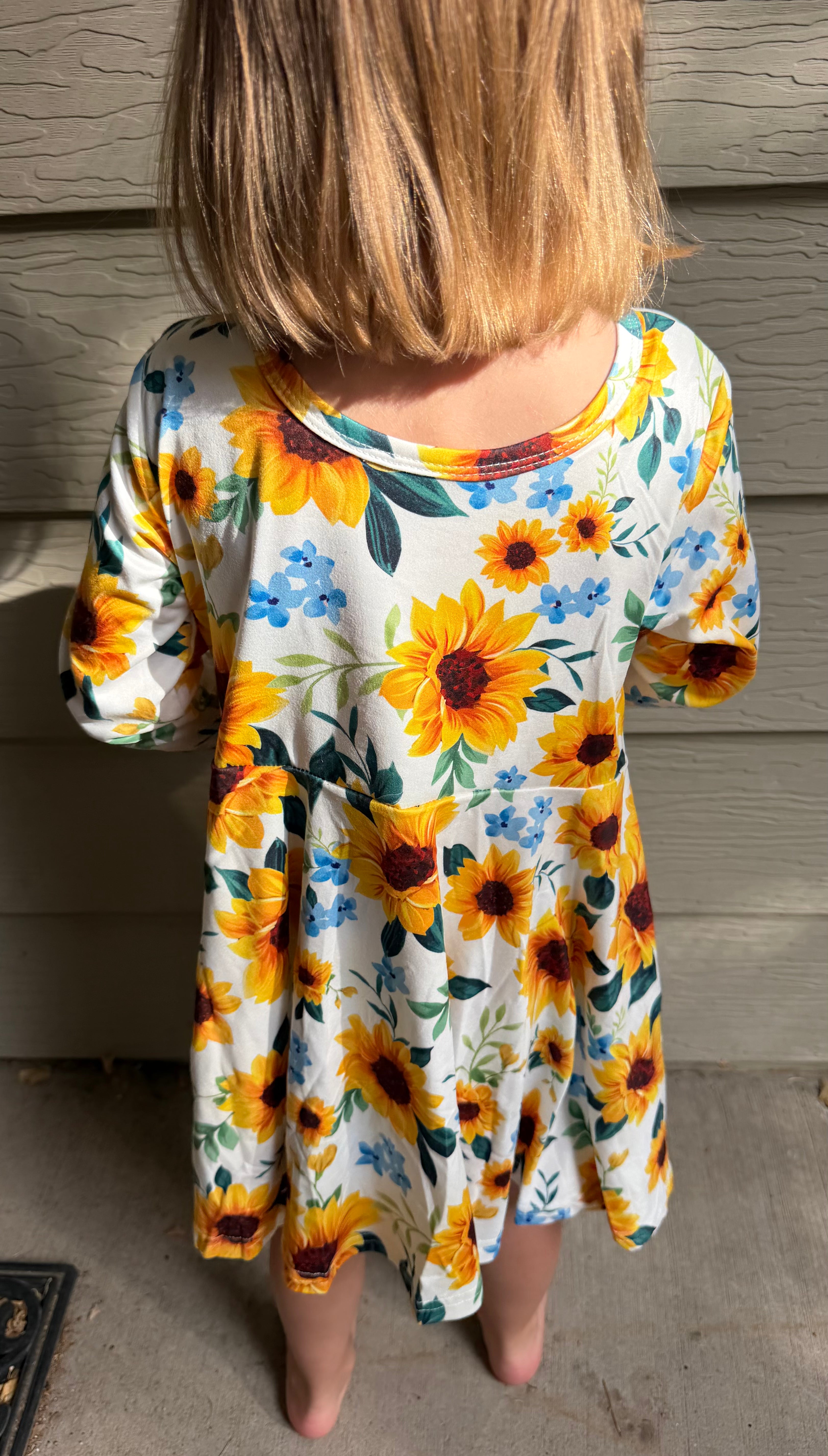 Kids Sunflower Print Round Neck Long Sleeve Dress