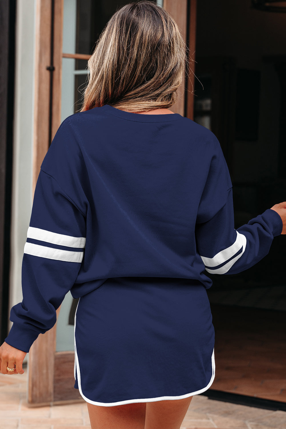 Fiery Red Varsity Stripe Detail Drop Shoulder Pullover Mini Skort Set