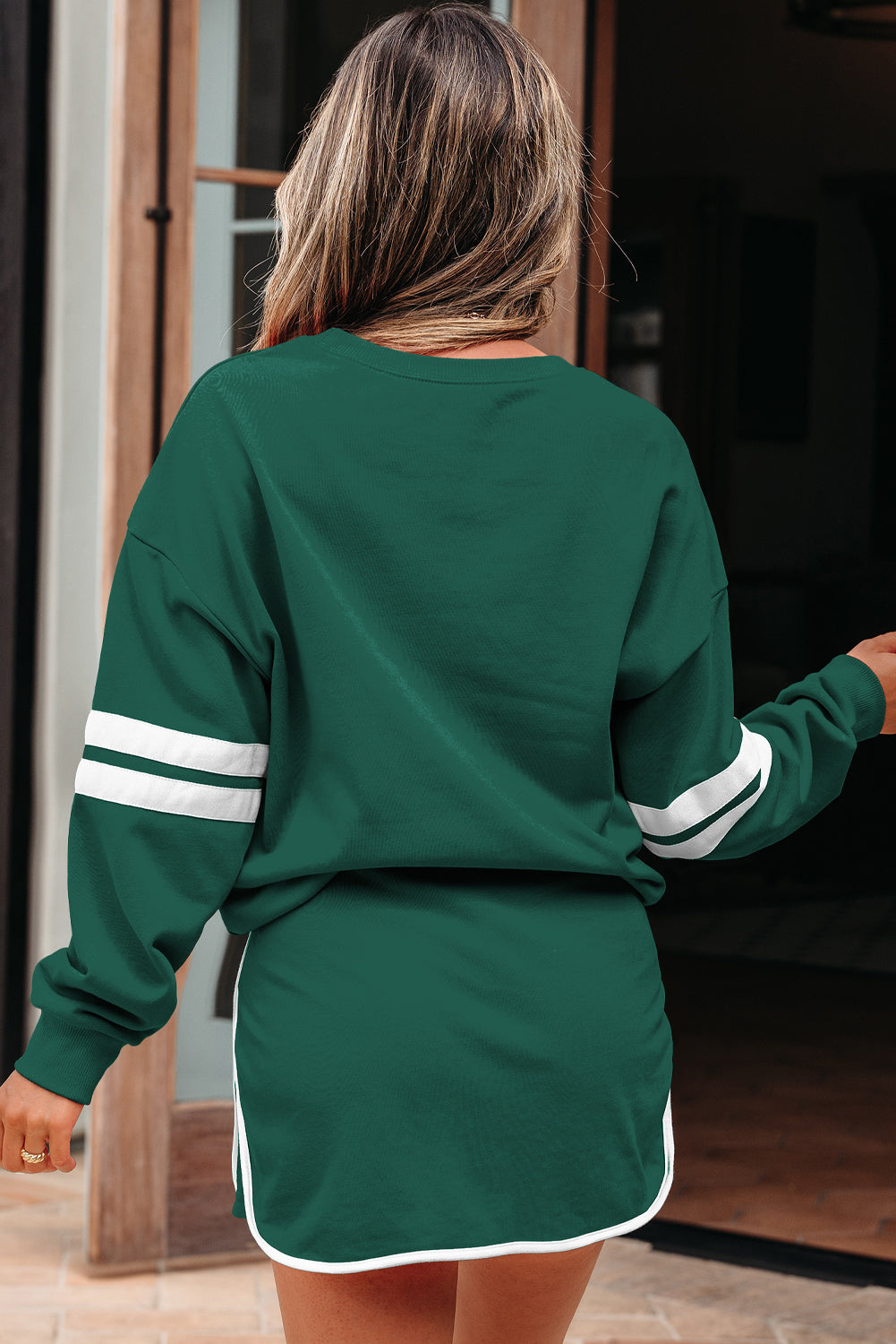 Fiery Red Varsity Stripe Detail Drop Shoulder Pullover Mini Skort Set