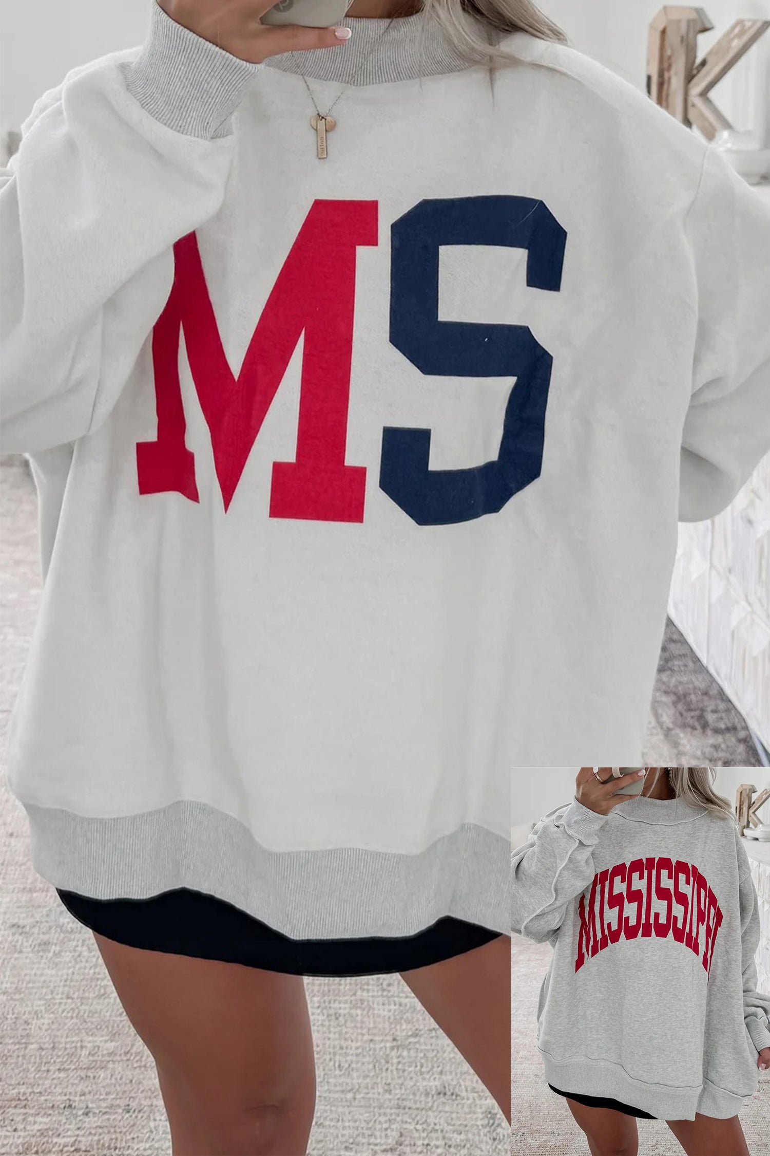 Light Grey AL Reversible Printed Ribbed Patchwork Mock Neck Sweatshirt