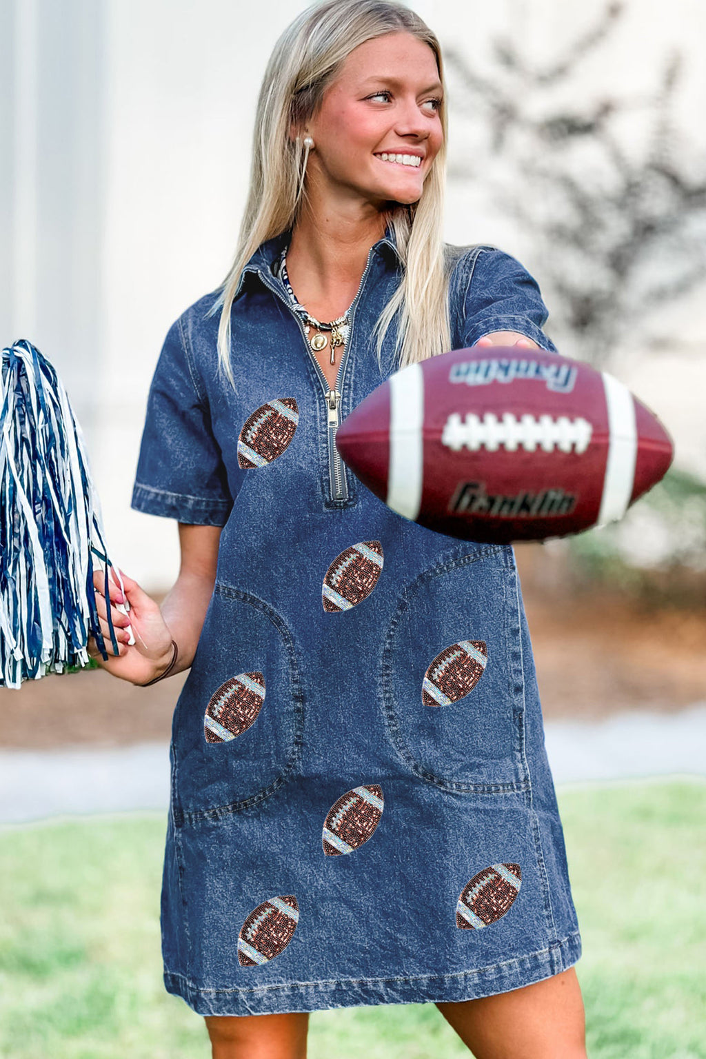 Blue Sequin Football Pattern Zip Collar Pocketed Denim Shift Dress