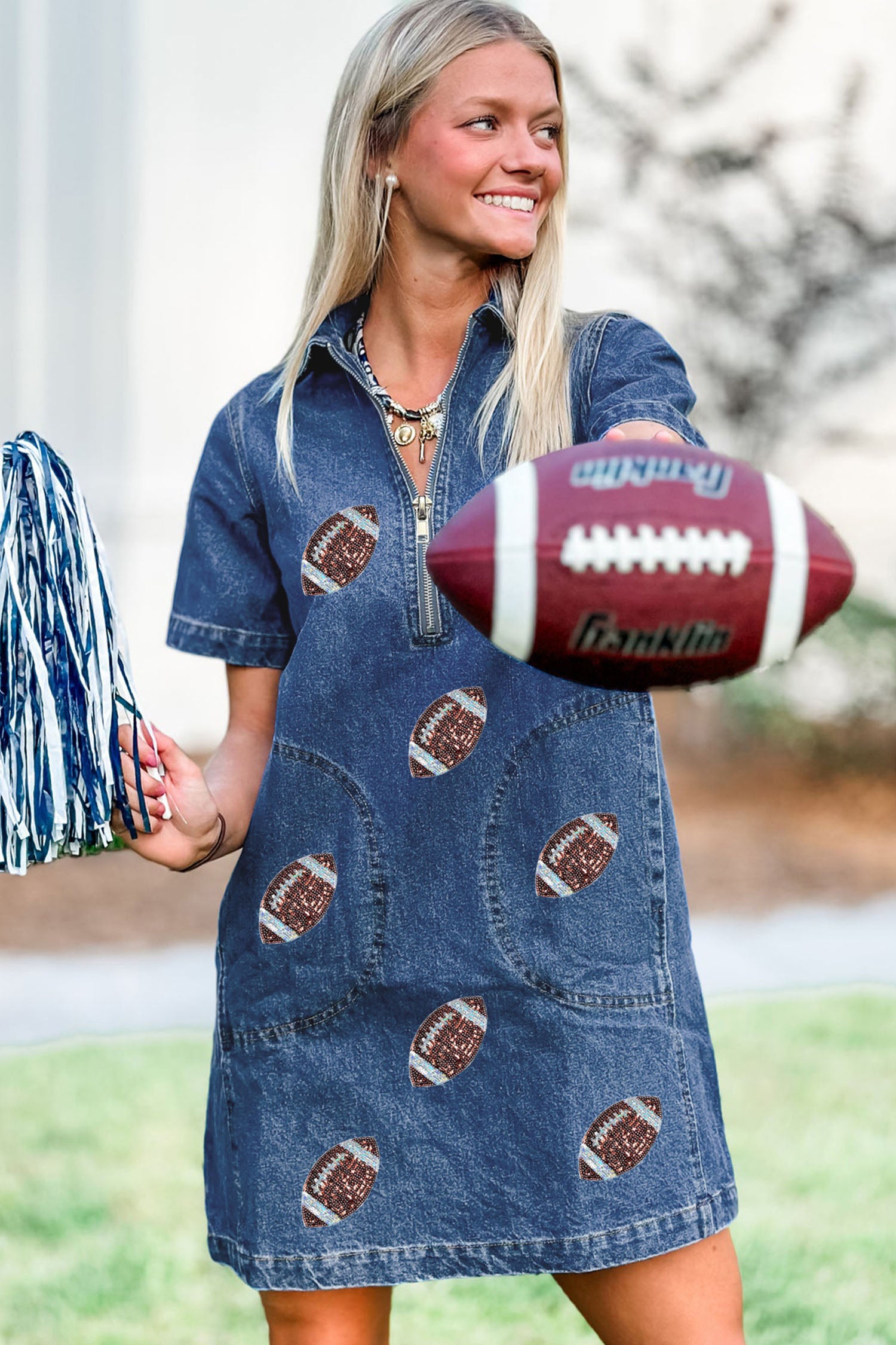 Blue Sequin Football Pattern Zip Collar Pocketed Denim Shift Dress