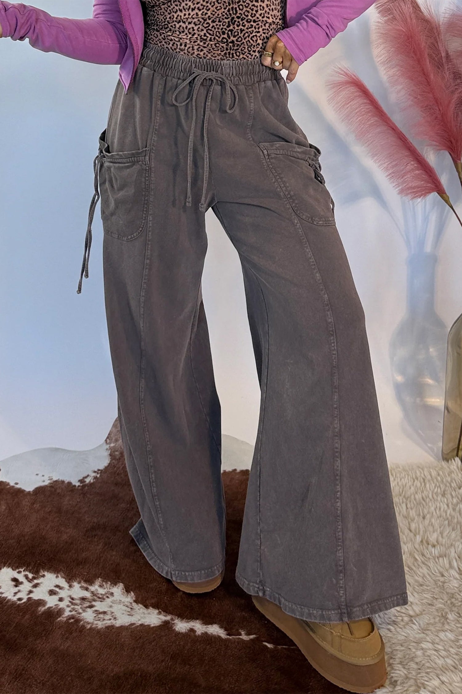 Dark Brown Cotton Mineral Wash Elastic Waist Drawstring Tie Detail Cargo Pants
