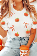 White Sequin Chenille Pumpkin Bow Pattern Casual Short T Shirt