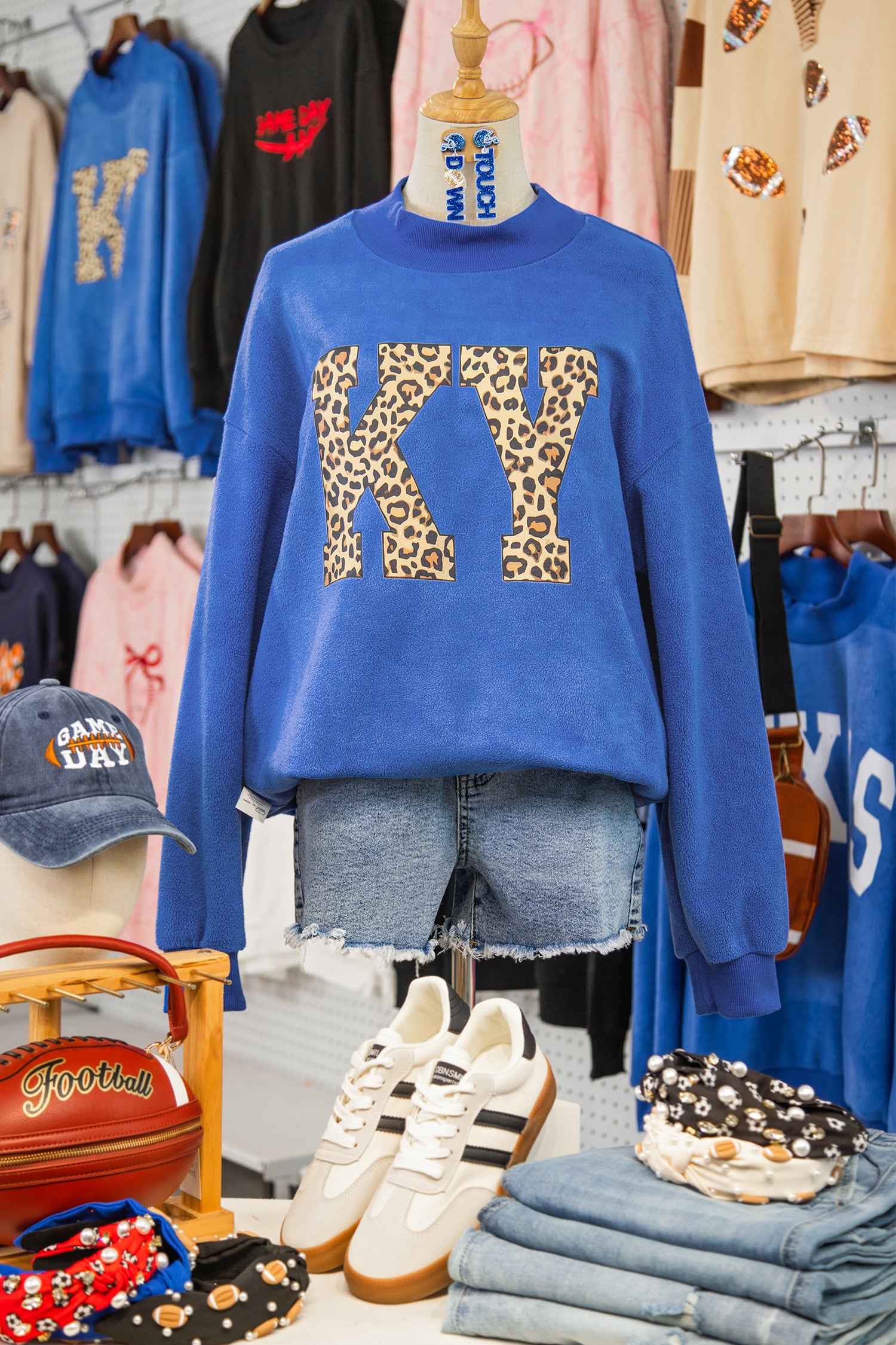 Dark Blue KENTUCKY Leopard KY Letter Print Reversible High Neck Sweatshirt