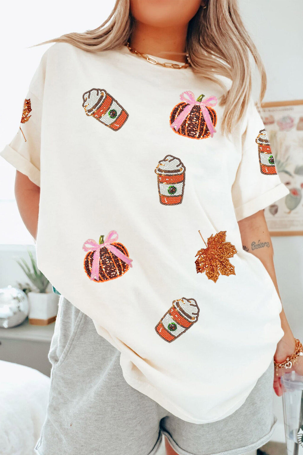 White Sequined Pumpkin Fall Graphic Casual Shift T Shirt