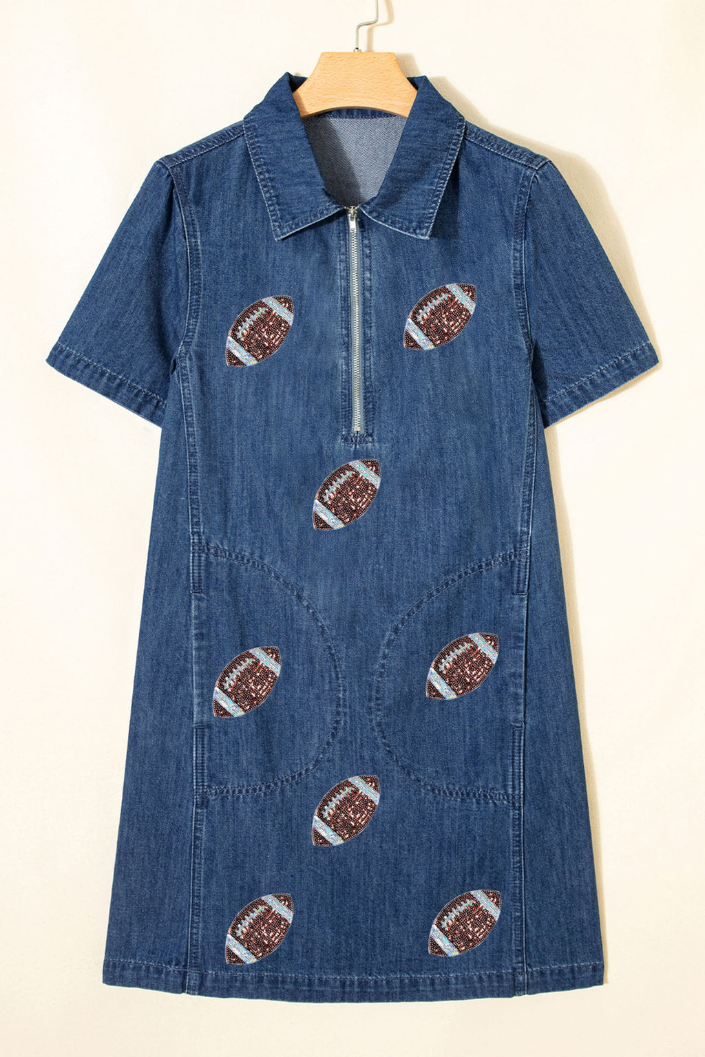 Blue Sequin Football Pattern Zip Collar Pocketed Denim Shift Dress