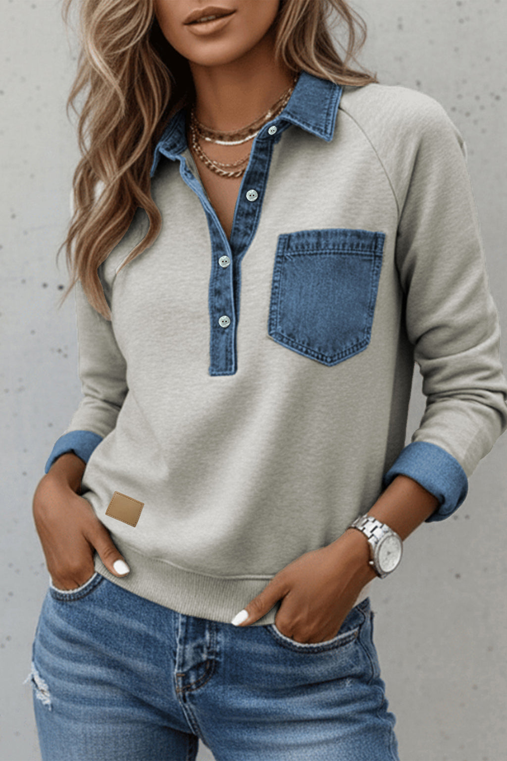 Gray Denim Collar Patchwork Long Sleeve Pullover Top